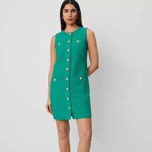 NWT Ann Taylor Size 16 Green Tweed Sheath Dress Sleeveless Button-Down Dress